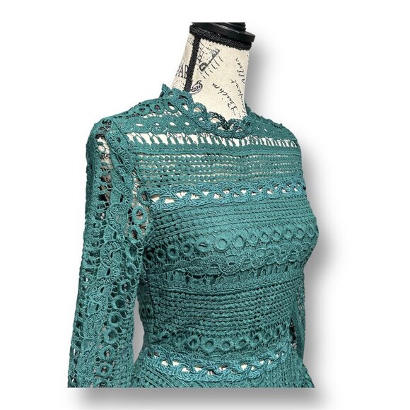 Anthropologie Endless Rose XS Green Crochet Lace Peplum Blouse Coquette Chic NW - Picture 4 of 8